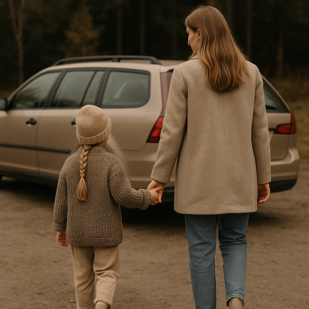 A cosy picture with muted colors of a nordic mother and younger daughter holding hands towards their car-1